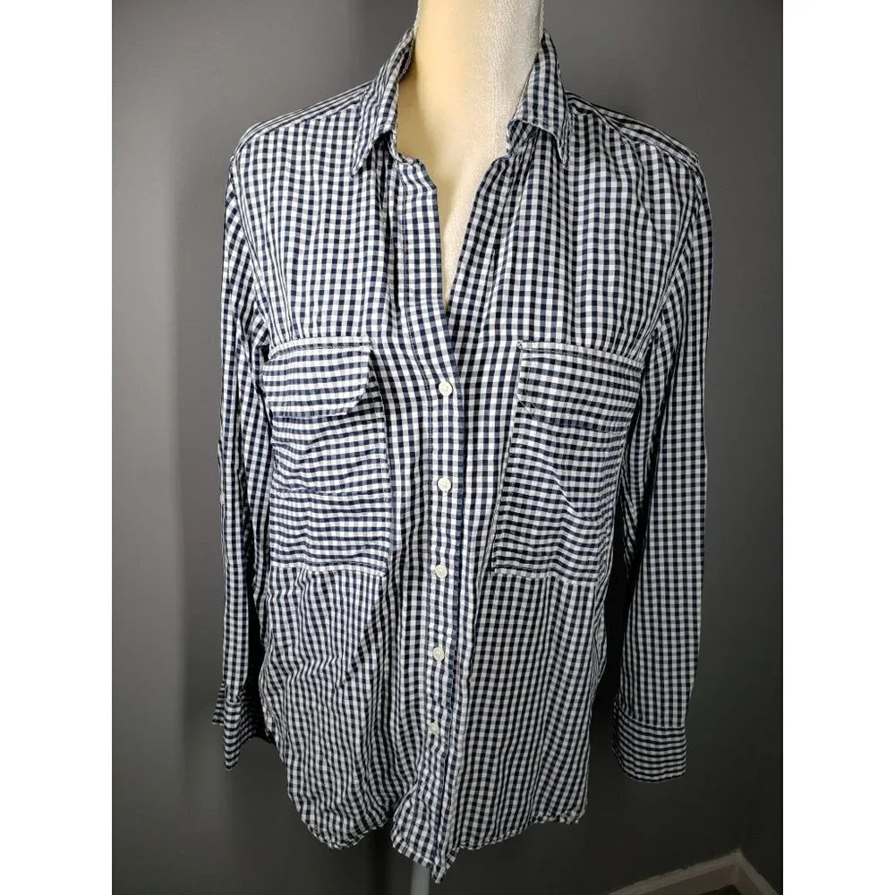 Zara Navy Gingham Print Button Down Shirt Size S.